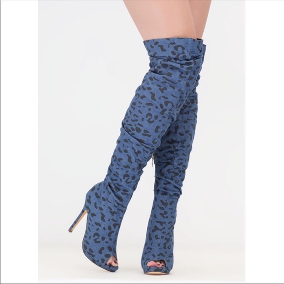 LILIANA Blue Denim Scrunched Leopard Spot Heels - Picture 3 of 5